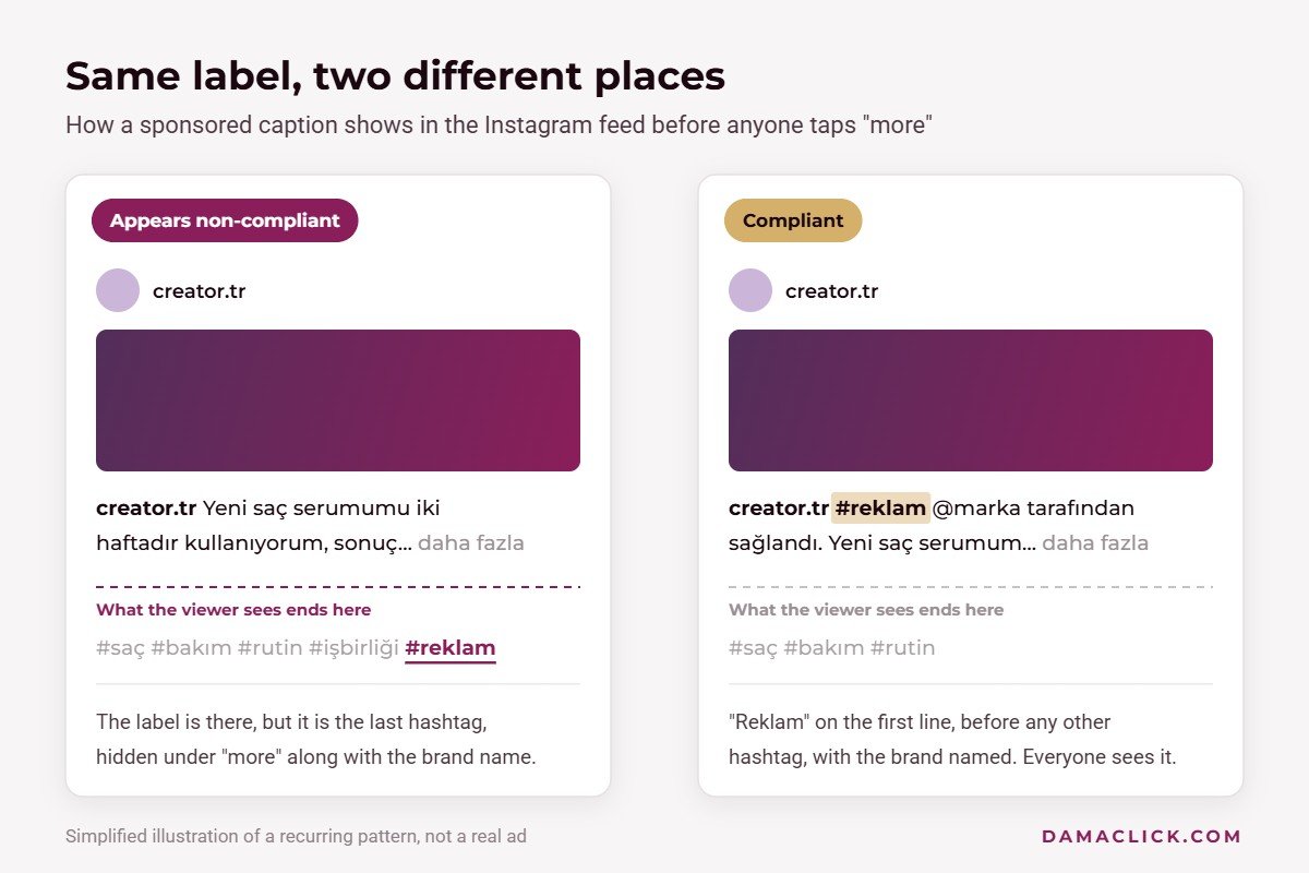 Two Instagram caption mockups: the disclosure label buried as the last hashtag under